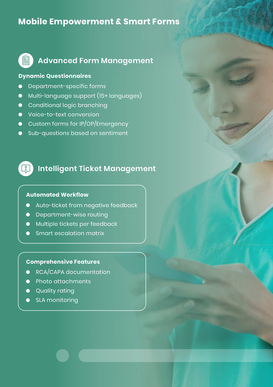Mobile Empowerment & Smart Forms Dynamic Questionnaires Department-specific forms Multi-language support (15+ languages) Conditional logic branching Voice-to-text conversion Custom forms for IP/OP/Emergency Sub-questions based on sentiment Advanced Form Management Automated Workflow Auto-ticket from negative feedback Department-wise routing Multiple tickets per feedback Smart escalation matrix Comprehensive Features RCA/CAPA documentation Photo attachments Quality rating SLA monitoring Intellige